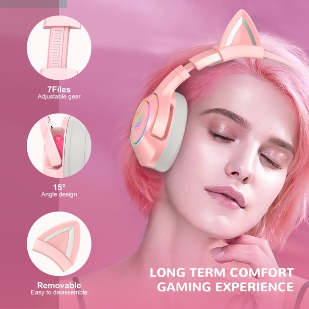 Gaming Headphone for PC, PS5, 7.1 Surround Sound PS4 Headset with Noise Cancelling Microphone, Over-Ear Gaming Headset with Soft Memory Earpads RGB LED Lights for Computer Laptop Mac(Pink)