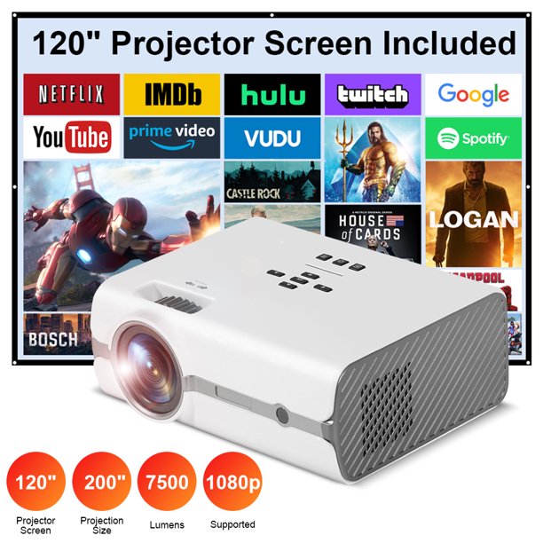 Dools Mini Projector, 7500Lumens Projector with 120" Screen, Full HD 1080P Supported Portable Movie Projector, Compatible with Smartphone, HDMI, AV, USB for Home Theater, Projector for Outdoor