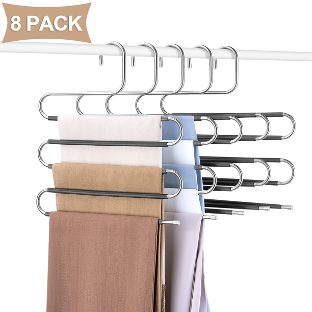 Pants Hangers Space Saving, 5 Tier Stainless Steel S-Shape Jeans Trousers Hangers, Greentro Closet Storage Organizer for Pants Jeans Scarf Hanging, 8 Pack