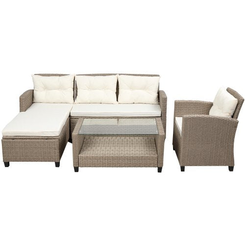 Patio Furniture Set,All-Weather Rattan Patio Conversation Set with with a 2 Seater Sofa, Lounge Sofa, Coffee Table and Sofa Chair-Beige