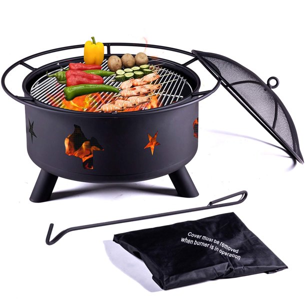 Vinmall 30 inch Fire Pit for Outside with Grill Outdoor Fire Pits Wood Burning Cosmic BBQ Bonfire with Cooking Grate